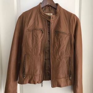 Michael Kors Women’s Soft Leather Moto Full Zip Brown Tan Jacket Size Small